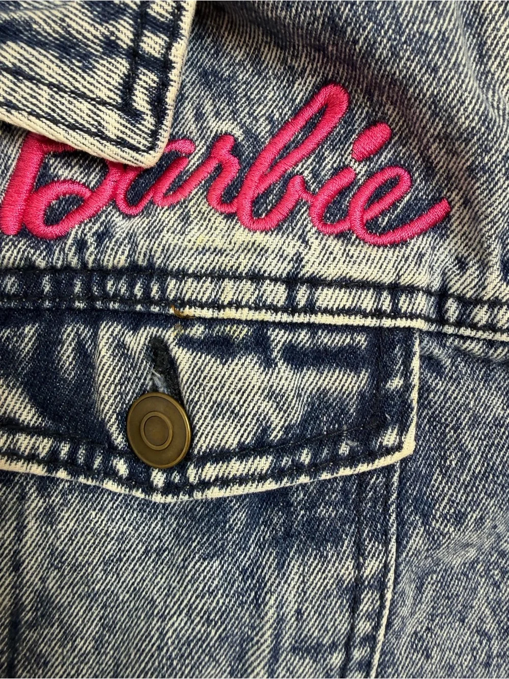 Barbie Denim Jacket Kids XL Embroidered Logo Blue Jean Jacket Youth XL